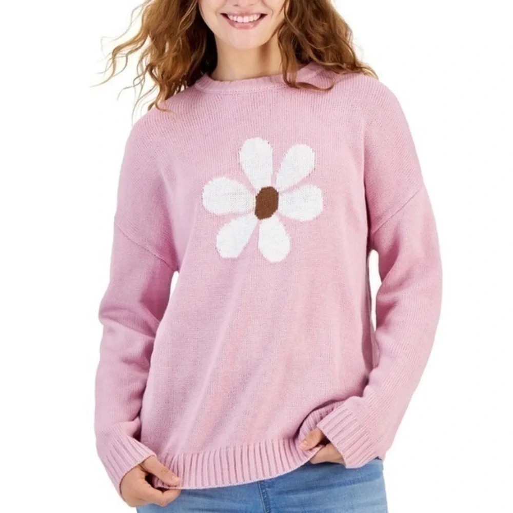 Just Polly' Daisy Graphic Ribbed-Edge Sweater Medium - Picture 1 of 4